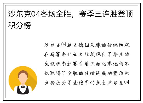 沙尔克04客场全胜，赛季三连胜登顶积分榜
